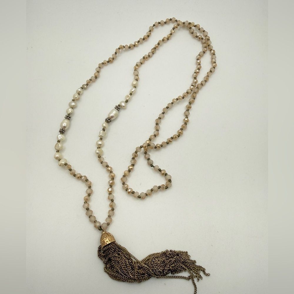 32"‎ Faceted colored glass, genuine freshwater pearls, hand-knotted necklace!